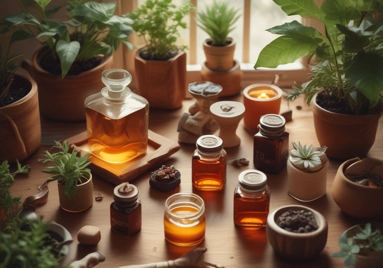A warm, inviting photo of fresh Mexican herbs and natural products arranged on a rustic wooden table.