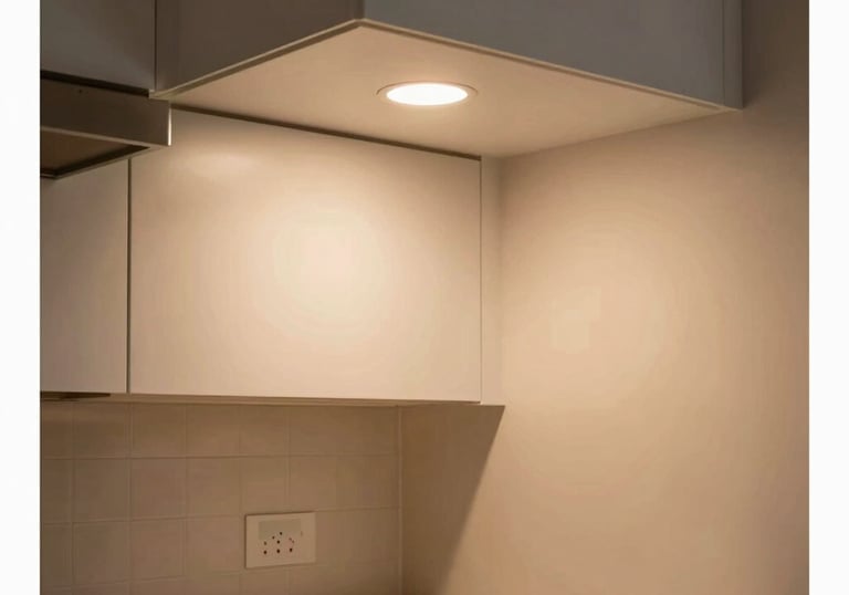 A warmly lit modern North American kitchen with new LED recessed lighting installed under cabinets, creating a clean and comfortable environment.