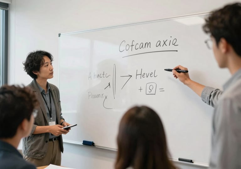A collaborative brainstorming session in a bright, open-plan North American / US office with a large white board and sharp deep black markers.