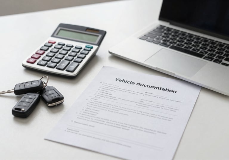 A clean, minimalist desk with a laptop, a calculator, and a set of car keys, representing the professional and efficient side of vehicle documentation.