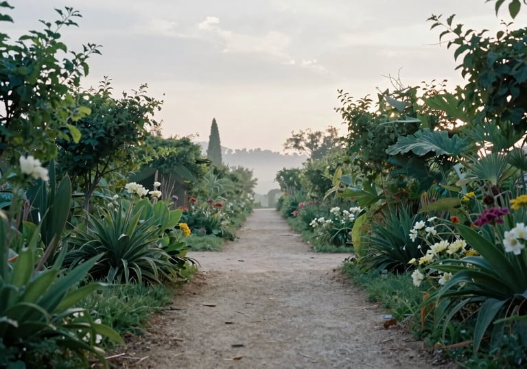 A detail shot of a path leading through a lush, green Southern European / Italian garden toward a bright horizon. The image uses Morning Mist Blue and Alabaster White tones to create a sense of hope, direction, and victorious life.