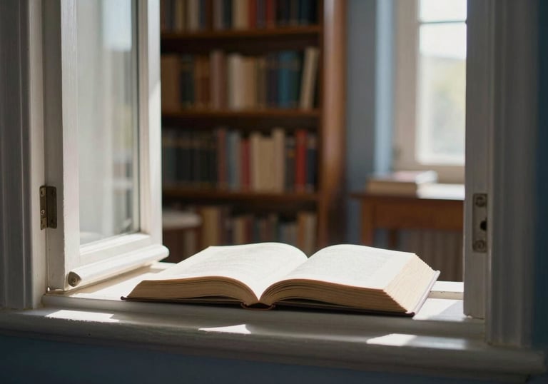An aesthetic photography piece showing sunlight streaming through an open window into a quiet library in a Southern European / Italian home. The light hits an open book, symbolizing the shift from knowledge to wisdom. Palette: Alabaster White and Slate Blue.
