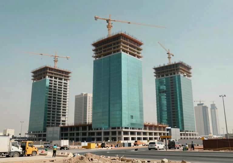 Wide shot of a modern construction site in Abu Dhabi with digital BIM overlays showing the completed building structure in a #244B73 tone.