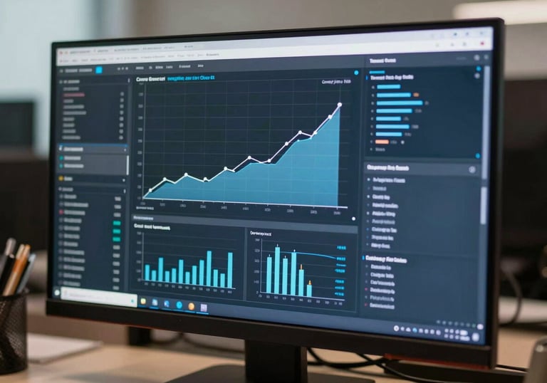 A close-up photograph of a professional monitor displaying intricate data visualizations and marketing growth charts in soft blue and white, set in a sophisticated North American / US agency setting.
