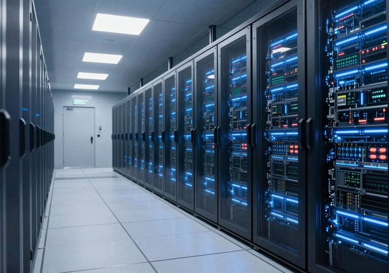 A wide shot of a futuristic data center hallway with cool blue LED lighting and a clean, sterile professional atmosphere.