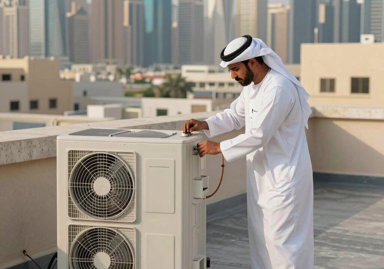 A technician performing routine maintenance on a rooftop air conditioning unit in Sharjah, overlooking the city skyline, Middle Eastern / Gulf setting, professional photography.