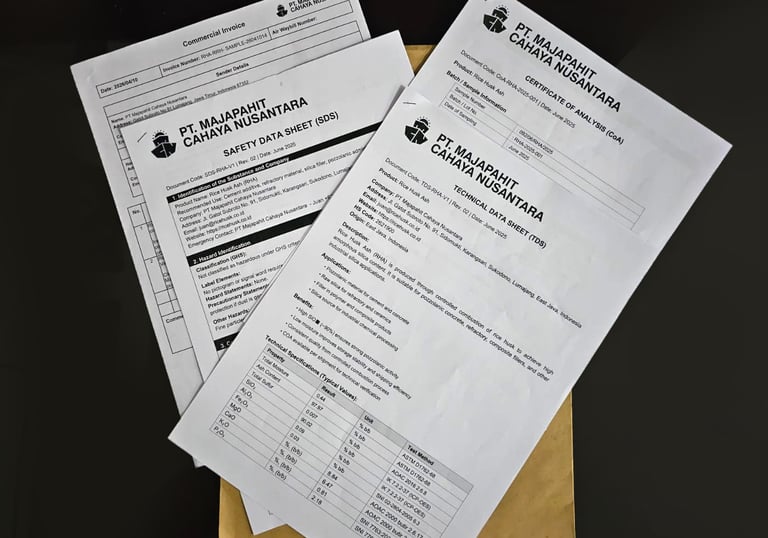 product information and documentation for rice husk ash