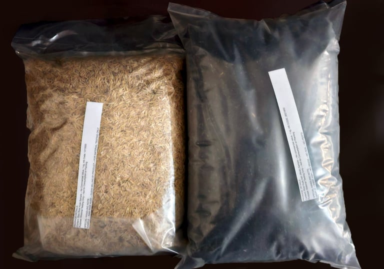 Bagged sample of raw rice husk and rice husk ash