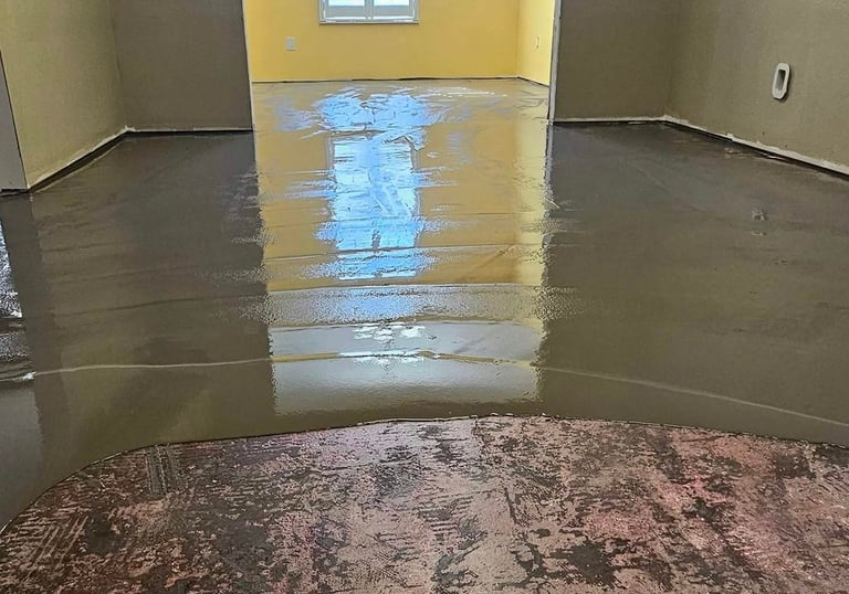 Interior room with freshly poured self-leveling concrete flooring during renovation.
