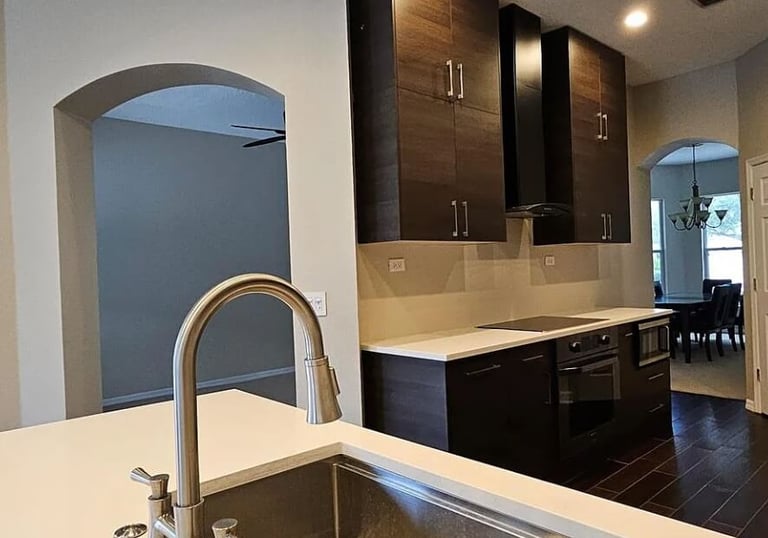 Kitchen remodel with a sink, modern cabinets, and built-in appliances.