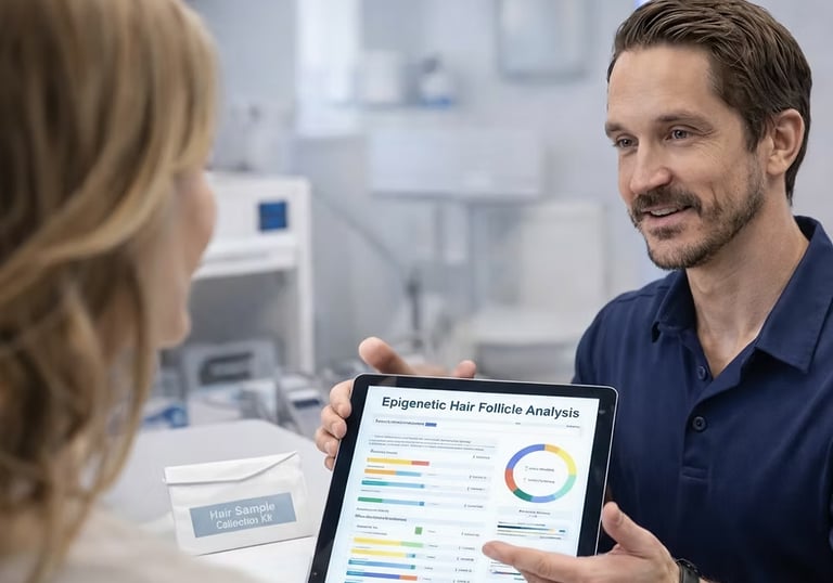 Provider reviewing epigenetic hair follicle testing results with patient