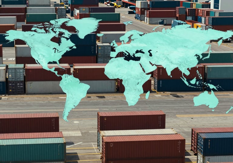 A high-angle photograph of a bustling international port with rows of colorful shipping containers. North American / Global context, bright daylight, emphasizing efficiency and global reach in shades of teal.