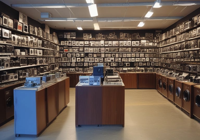 A cozy camera shop interior with shelves displaying various cameras and lenses.