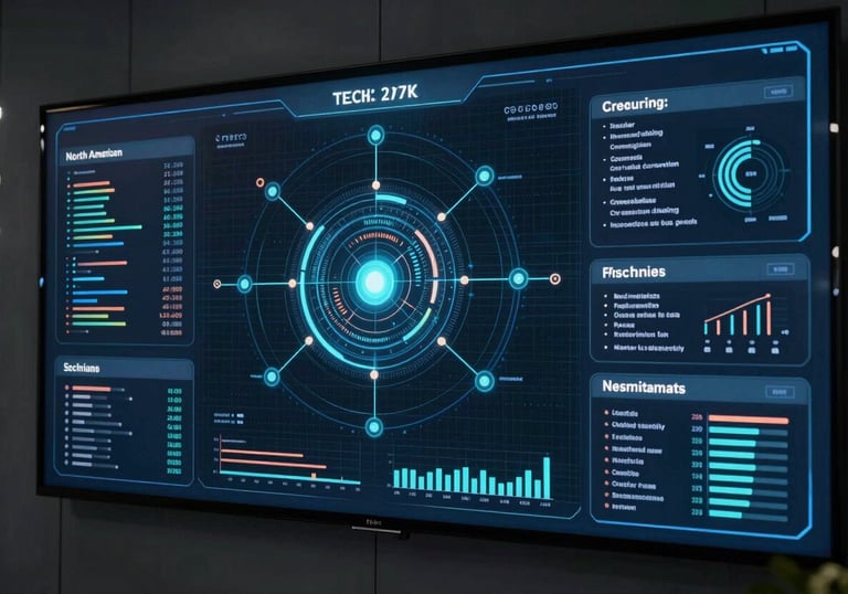 A futuristic digital dashboard displayed on a wall in a North American tech hub, showing network security analytics.