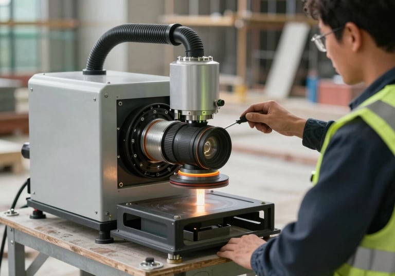 A specialized fiber optic blowing machine in use on a construction site, with a worker in a safety vest monitoring the progress. Professional lighting highlights the high-tech equipment.