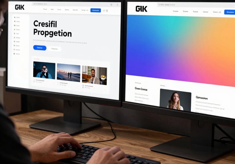 A creative UI/UX designer working at a dual-monitor setup in a North American studio, showing a sleek website interface with modern gradients.