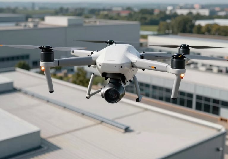 Drone equipped with thermal cameras performing an inspection of a modern industrial roof in a French tech park, high-end professional equipment.