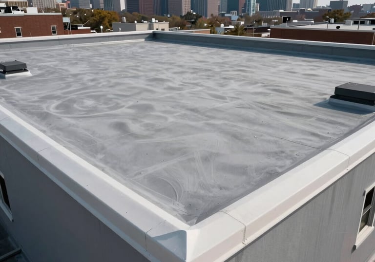 Wide-angle photograph of a finished, clean, gray commercial flat roof showing perfectly sealed edges and drainage points, set against a Toms River, NJ skyline.