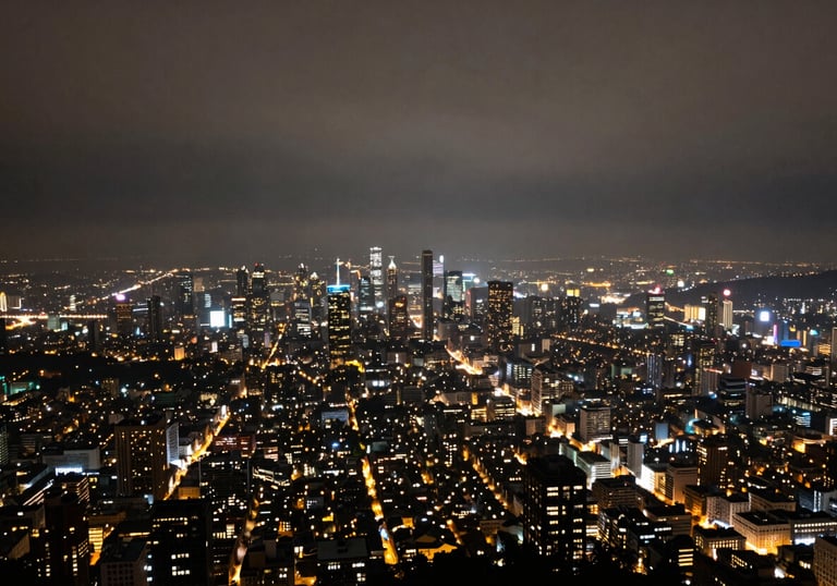 A wide-angle landscape of city lights at night from a high altitude, glowing in mist grey and deep midnight, representing global connectivity.