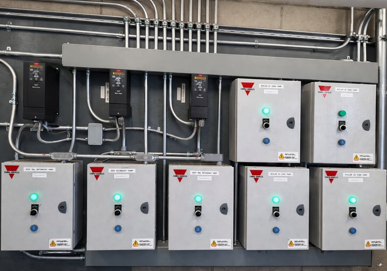 Motor starters and VFD drives with conduit for HVAC pump system 