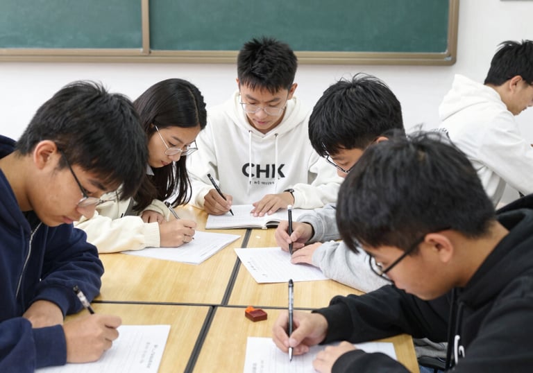 A small group of attentive students working together on physics problems in a clean classroom.