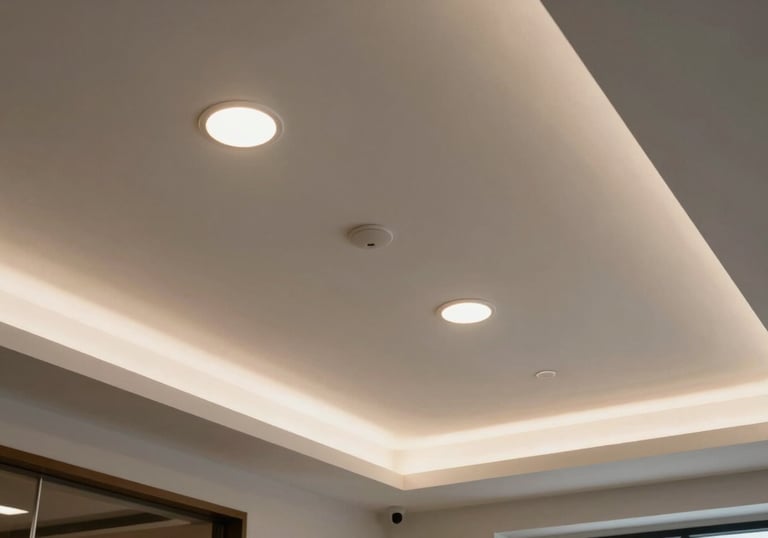 Low angle shot of a newly installed modern ceiling with recessed lighting in a renovated North American / Hispanic commercial building.