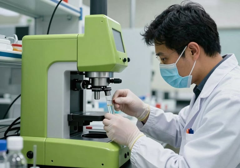 A modern industrial laboratory setting in Mexico where a specialist is analyzing water samples with precision equipment, apple green accents visible.