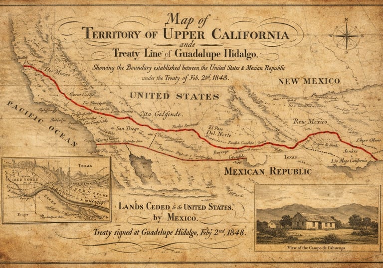 Vintage 1848 map showing the Treaty of Guadalupe Hidalgo boundary and Mexican Cession lands.