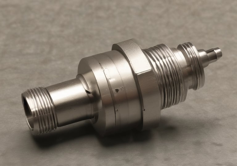 Close-up of shiny hydraulic fittings arranged neatly on a workshop table.