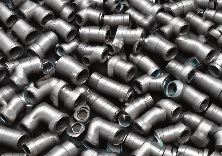 Stacks of packaged hydraulic fittings ready for shipment in a warehouse.