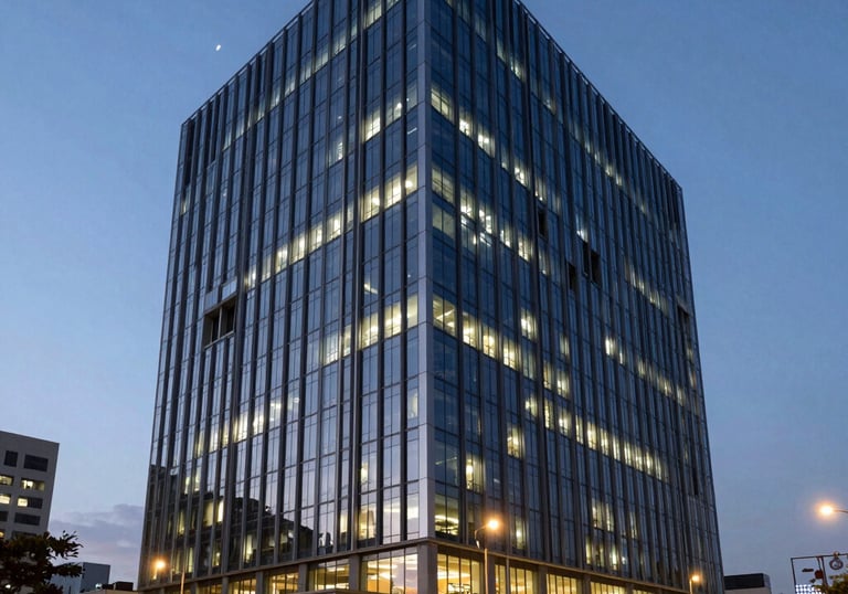 A wide shot of a modern architectural building at dusk, with lights shining through glass windows, symbolizing global corporate infrastructure and digital stability. South Asian / Global Professional urban landscape.