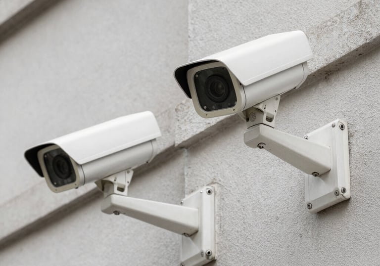 Security camera mounted on a wall overlooking a parking lot.