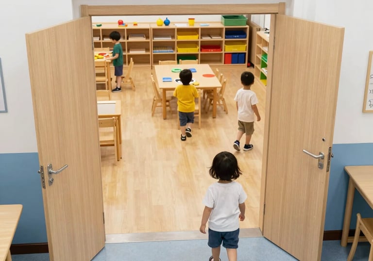 A teacher gently guiding a group of young children in a colorful classroom.