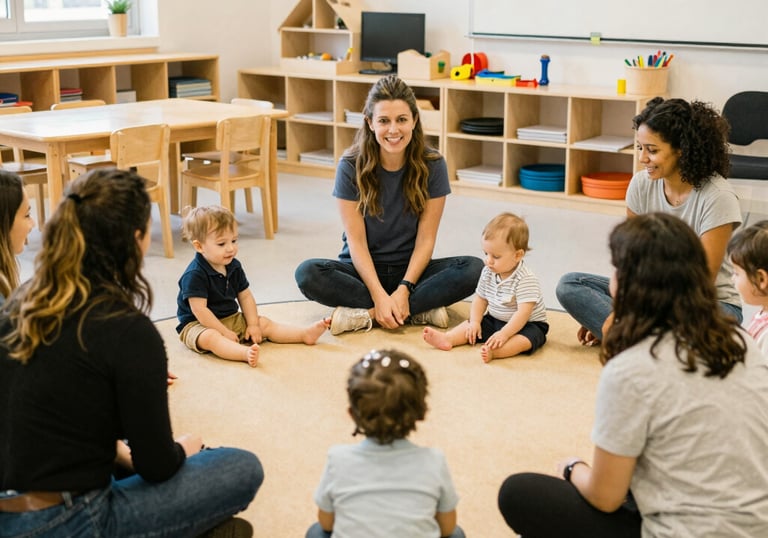 Children playing happily outdoors under the supervision of a caring teacher.