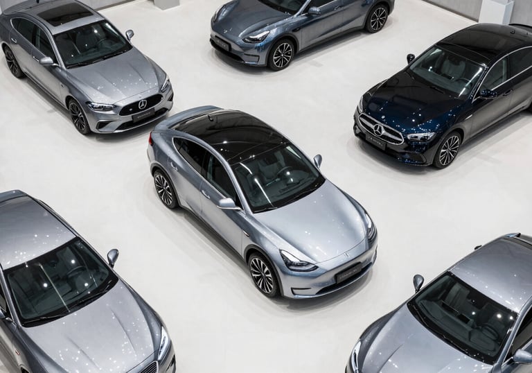An aerial view of a clean, organized automotive showroom featuring several high-quality used cars, minimalist design with white and gray floors.