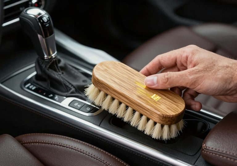 Close-up of a luxurious leather car interior being treated with a soft brush and gold-labeled cleaner. The scene is shot with high detail in a Western European studio.