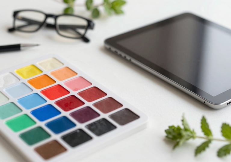 An array of creative tools including a color palette, a high-end tablet, and a sprig of fresh herbs. Professional and artistic composition.