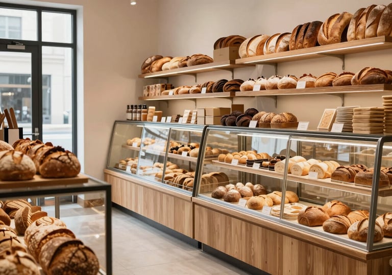 A wide shot of a bright, minimalist artisanal bakery in a North American / European city with shelves of fresh bread and a warm atmosphere.