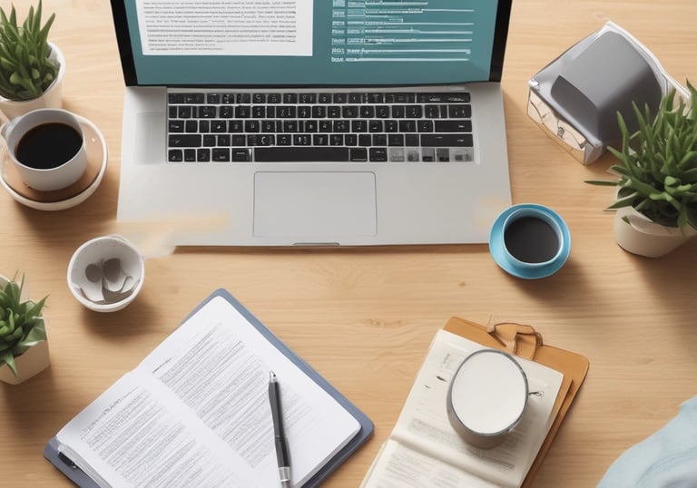 A neat workspace with green accents, a notebook, and a cup of coffee beside a laptop.