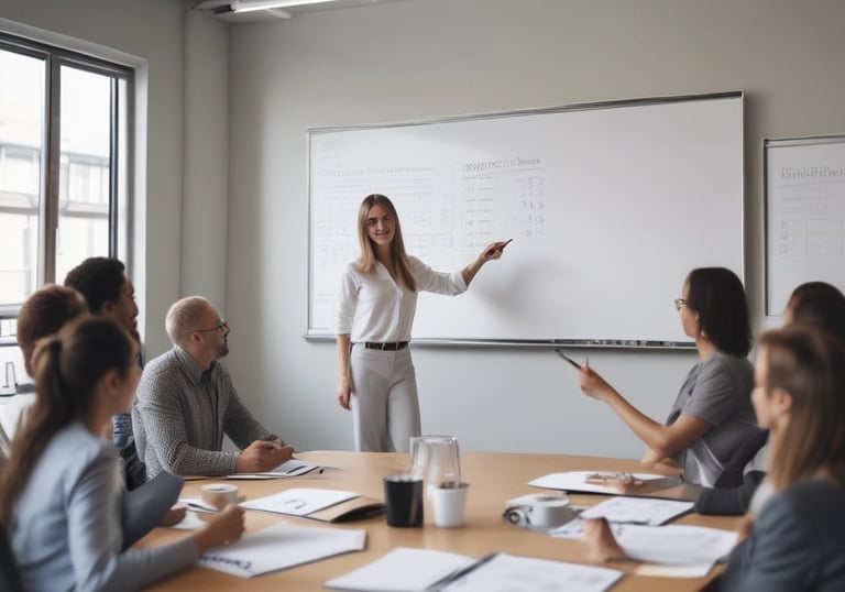 A consultant discussing marketing plans with clients over a table.