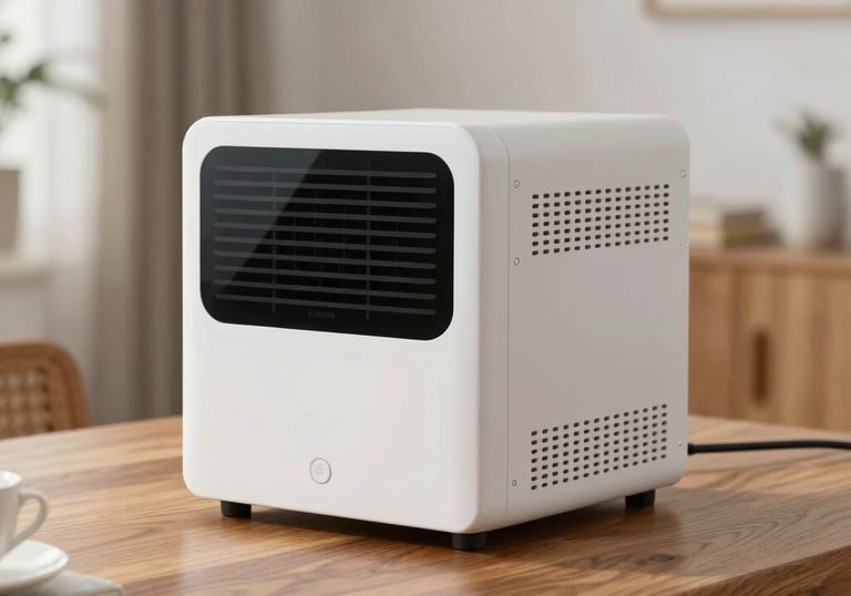 Detailed photography of high-tech air quality testing equipment placed on a wooden table in a clean, modern North American residential home.
