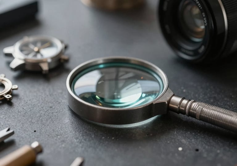 A close-up of a masculine, minimal environment featuring a steel loupe and watch parts on a dark workbench, lit by a soft cool light.