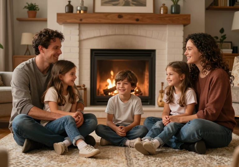 A happy family sitting safely in a warm, comfortable North American living room with a clean hearth in the background, soft evening light.