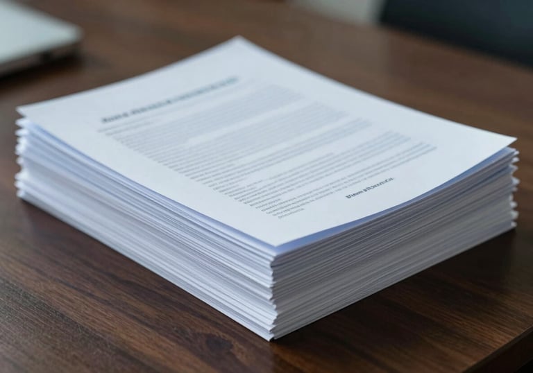 A stack of neatly formatted business documents on a dark wooden desk in a North American / US office setting, highlighted by soft Sky Blue side lighting.