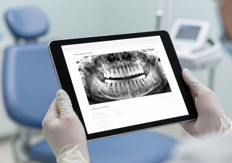 Soft-focus image of a digital tablet showing a patient's dental records, held by a professional in white gloves, signifying modern management.