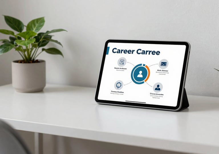A minimalist workstation with a plant and a tablet showing a career path graphic, North American / US home office, bright and supportive atmosphere.
