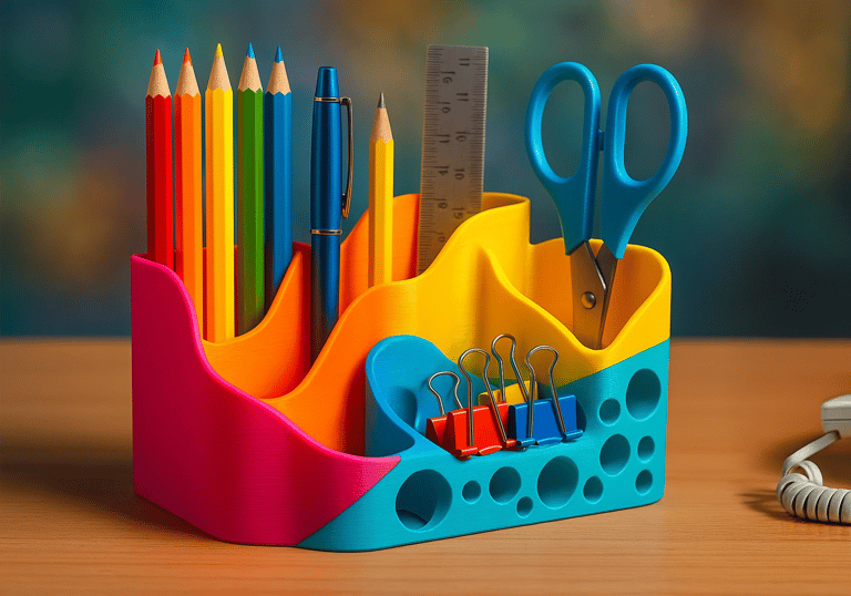 Colorful 3D printed desk organizer with pens and tools. Bright tech setup gift or office display.