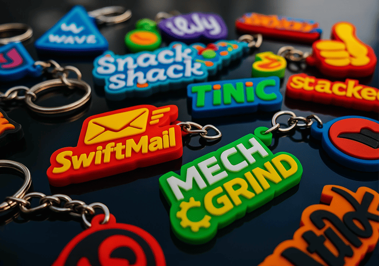 3D printed logo keychains on dark surface. Custom branding merch for business promotion.