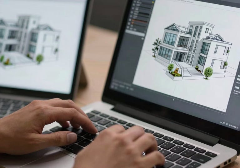 A close-up shot of hands typing on a sleek keyboard next to a tablet showing a 3D architectural rendering in a professional North American studio.