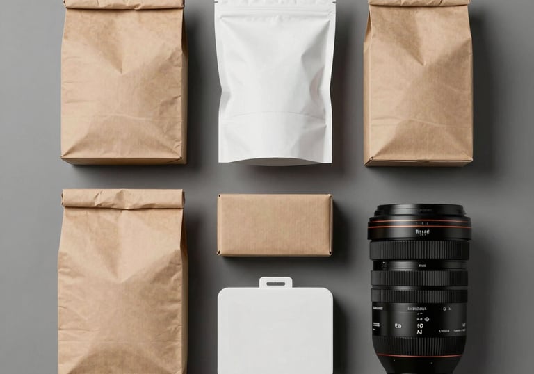 Professional flat-lay photography of high-quality packaging materials and industrial supplies. Neutral grey background, sharp focus, clean and organized look.